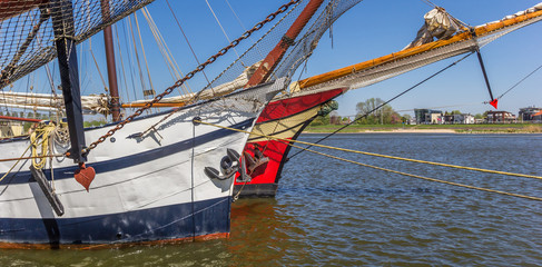 Panorama of historic sailing ships on the IJssel river in Kampen, Netherlands