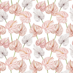 Watercolor tropical pattern with exotic flowers. Blush pink and white tropical flowers - anthuriums.