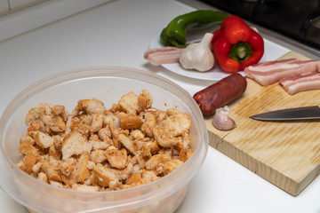 Extremadura crumbs, traditional dish. Ingredients breadcrumbs, bacon, red and green pepper, crumbs, chorizo, garlic and paprika