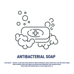 Vector graphic. Line, outline design icon on a white background. Antibacterial soap. Bar of soap with foam and bubbles. Hygiene product. Editable Stroke. Symbol, sign.