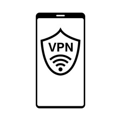 VPN vector icon on smartphone . Virtual Private Network. Shield with VPN. Mobile VPN. Vector illustration