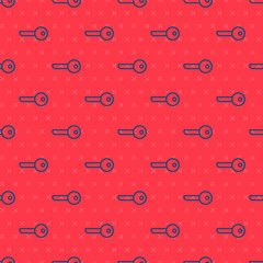 Blue line Key icon isolated seamless pattern on red background. Vector Illustration