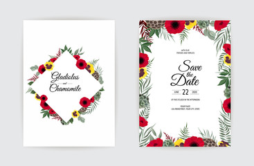 Botanical wedding invitation card template design, white and pink flowers on white background.