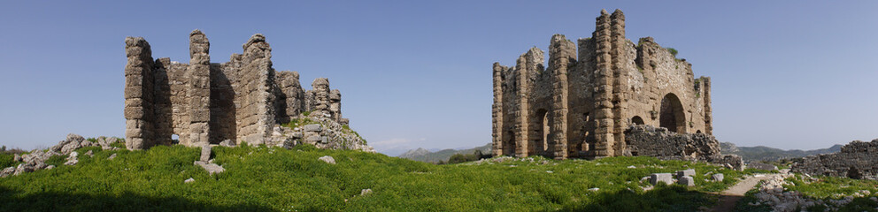 Panoramic view of the Aspendos, ancient city near Antalya, Southern Turkey.