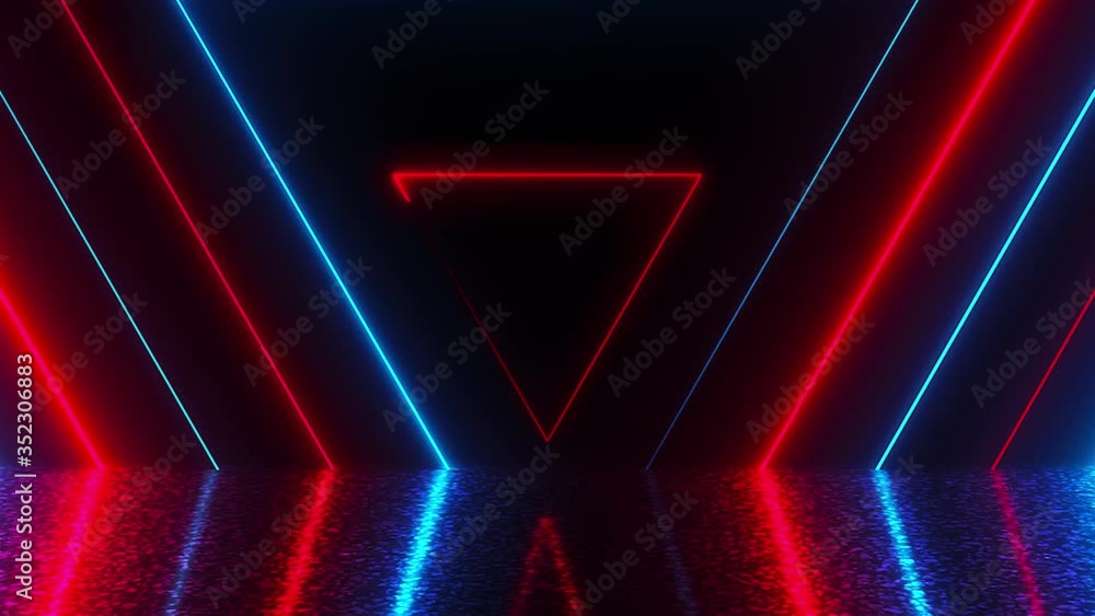 Poster many neon triangles in space, abstract computer generated backdrop, 3d rendering backdround