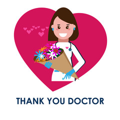 Thank you doctor. A woman doctor with a bouquet of flowers on the background of a large red heart. Vector flat illustration