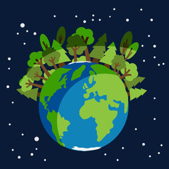 Earth planet earth globe full of biodiversity and green tree forests surrounded by stars in space, environment concept