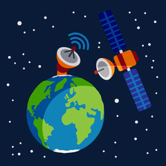 Naklejka premium earth planet earth globe with a large antenna sending communications to a satellite located in the space between the stars