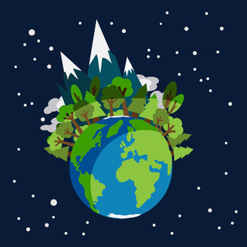 Earth planet earth globe with forests of green trees and high mountains with snow and clouds surrounded by stars in space, environment concept