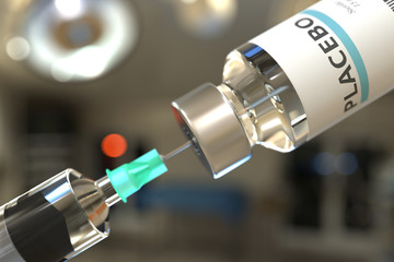Vial with placebo medicine and syringe for injection. 3D rendering - obrazy, fototapety, plakaty