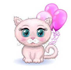Cute cartoon pink cat, a kitten on a background of flowers holds balls with its tail