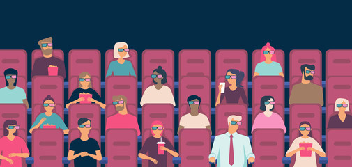 People watching movie in cinema hall eating popcorn wearing  3D glasses.Social distancing concept in public places after covid-19 coronavirus pandemic