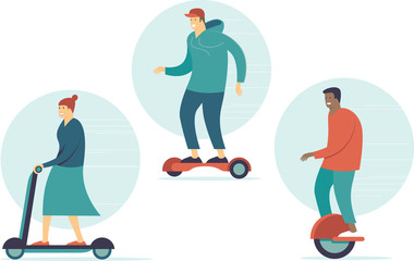 Active young people riding personal electric transport. Electric scooter, hoverboard, mono wheel. Healthy lifestyle, outdoor activities