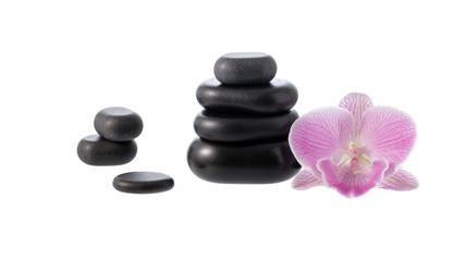 Fototapeta na wymiar Black basalt stones for hot massage with orchid flower isolated on white