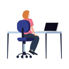 Fototapeta premium young woman with laptop, sitting in chair with desk vector illustration design
