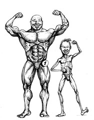 Funny bodybuilders on the sport competition. Hand made drawing. 