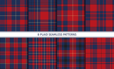 Set of red plaid seamless patterns with blue, black and yellow stripes. - 352313437