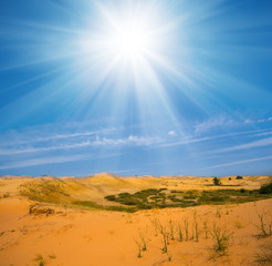 sahdy desert with dunes under a hot sparkle sun, outdoor desert background
