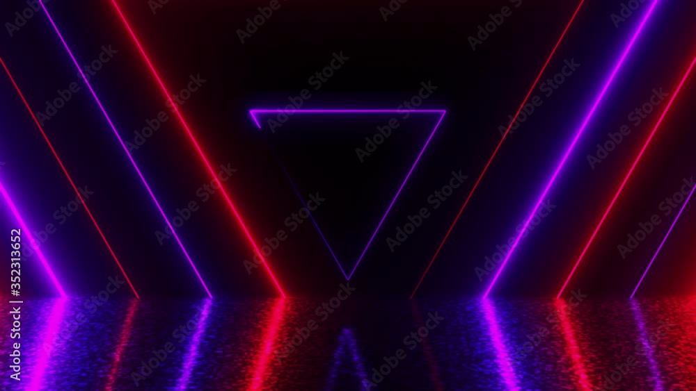 Poster many neon triangles in space, abstract computer generated backdrop, 3d rendering backdround