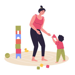 Young mother builds a tower of cubes with his child.Block game for children.Mother and baby spend time together.Hand drawn style.Character design.Colorful vector illustration in flat cartoon style.