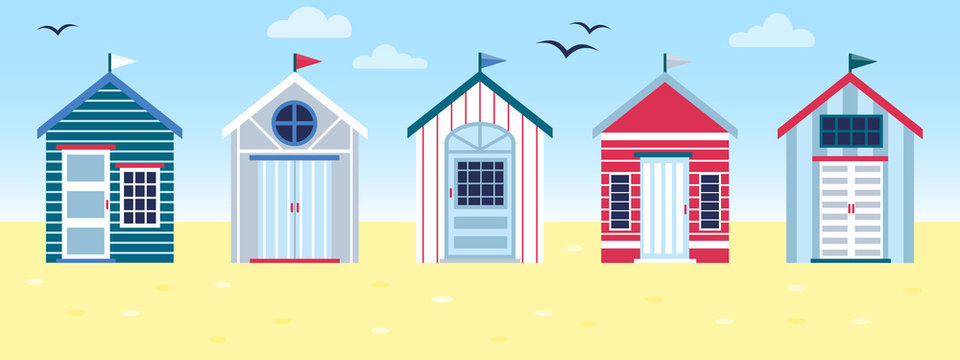 Flat vector tropical illustration of colorful beach huts in row on sea side landscape. Concept of summer vacation in surfhouse. Beach cabins with flags