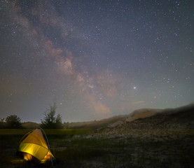 night hiking travel scene, touristic tent under a starry sky with milky way