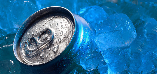 drink tin can iced submerged in frost ice, metal aluminum beverage