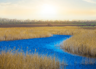 beautiful small blue river flow among a prairie, spring evening scene