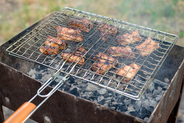 lunch in the open air; meat is grilled on a barbecue. horizontal frame