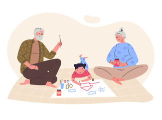 Grandparents draw picture with their granddaughter.Creative hobby for children.Relatives spend time together.Hand drawn style.Character design.Colorful vector illustration in flat cartoon style.