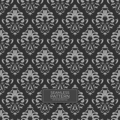 dark background design of damask leaf seamless pattern, decorative vector drawing