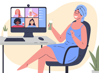 Video conference illustration.Woman chats with girlfriends online.Computer screen,group of people talking by internet.Web chatting,online meeting friends.Coronavirus, quarantine isolation.Vector