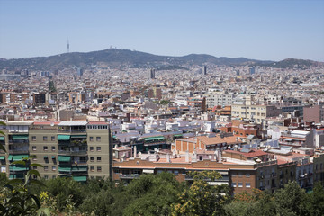 Fototapeta na wymiar View of roofs of Barcelona surrounded with mountains from the hill of Montjuic