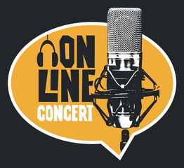 Fototapeta premium Vector banner in form of speech bubble for an online music concert with a studio microphone and headphones. Suitable for advertising, poster, flyer, invitation, sticker, web page