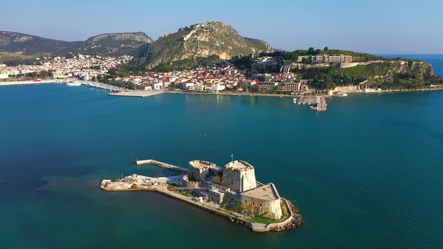 Birds flight around Venetian fortress,4k  footage, Nafplion,Peloponnese