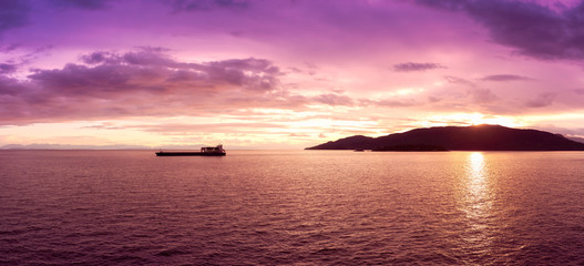 Beautiful Panoramic View of Howe Sound and Bowen Island during a colorful sunset. Taken from Lighthouse Park, West Vancouver, British Columbia, Canada.