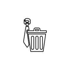 Tie in trash can icon. Illustration of employee kicked out of company. Boss firing worker sign. Layoff symbol for modern business concept and web, mobile design.
