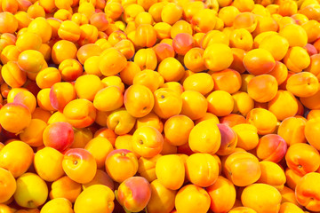 Lots of bright, juicy apricots. Ripe fruit is on the shelves in the store. The concept of the...