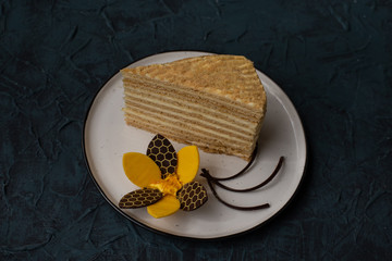 honey cake decorated with a flower of yellow and dark chocolate (honeycomb pattern) and three spirals of chocolate on a plate, a piece of honey cake on a plate  (horizontally)