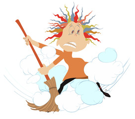 Obraz premium Dust cloud and woman with a big broom illustration. Cartoon woman sweeps dust using a broom isolated on white 