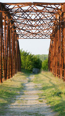 An old disused rusted brown bridge in the countryside connecting two banks across a river, formerly used for busy agricultural traffic