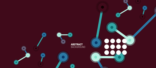 Flat style geometric abstract background, round dots or circle connections on color background. Technology network concept.