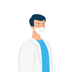 masculine doctor using medical protective mask against covid 19 on white background vector illustration design
