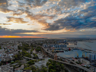 Aerial sunset over the city, Odessa, Ukraine