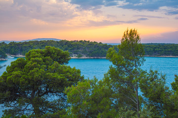 Views of coastline from Komrcar city park in Rab town on Rab island, Croatia