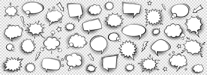 Collection of empty comic speech bubbles with halftone shadows. Hand drawn retro cartoon stickers. Pop art style. Vector illustration. - obrazy, fototapety, plakaty