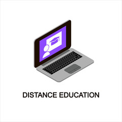 Online learning and distance education 3d icon. Isometric style computer picture. Isolated illustration laptop.