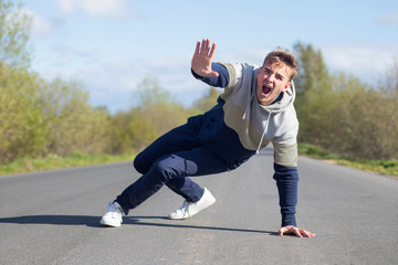 Frightened terrified scared man fall, screaming. Accident, scene on road, highway. Pedestrian boy...