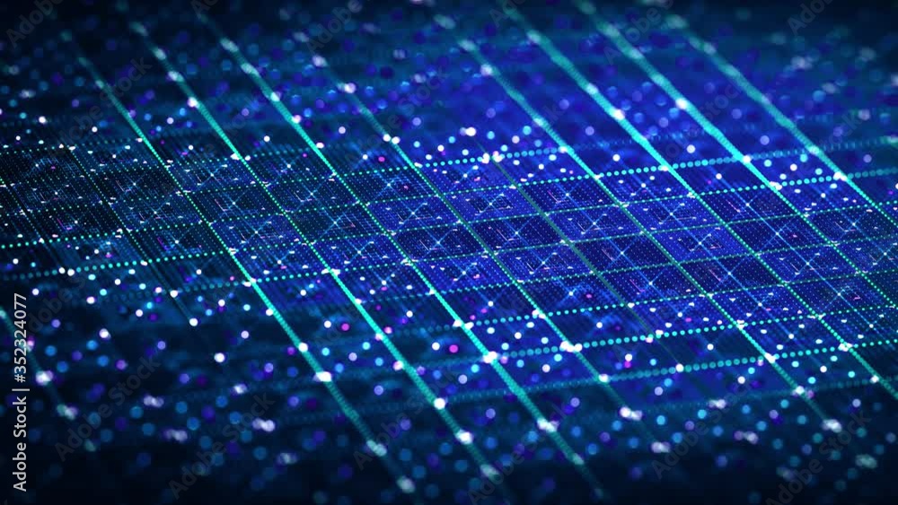 Poster neon digital technology background made of particles and smalls animated arrow. 4k abstract animatio