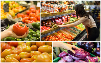 Collage with woman and female hand who chooses vegetables in supermarket. Concept of healthy food, bio, vegetarian, diet